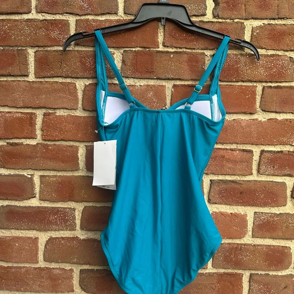 Maxine of Hollywood Sweetheart Shirred One Piece Swimsuit Teal tummy control sz - Picture 6 of 6
